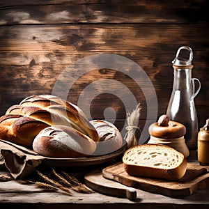 Rustic bread rolls on wooden background - ai generated image