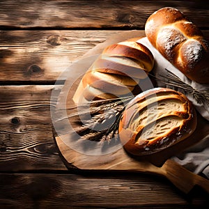 Rustic bread rolls on wooden background - ai generated image