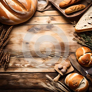 Rustic bread rolls on wooden background - ai generated image