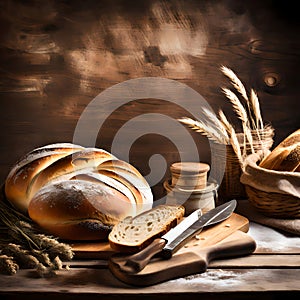 Rustic bread rolls on wooden background - ai generated image
