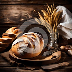 Rustic bread rolls on wooden background - ai generated image