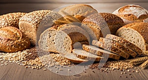 Rustic Bread Selection with Assorted Grains on a Wooden Surface