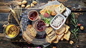 Rustic breads crunchy crackers and sweet jams for the perfect grazing feast