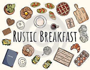 Rustic breakfast set. Decorative doodles set. Collection of cute home and food related cartoon style outline objects. Hand drawn