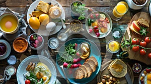 Rustic breakfast spread on wooden table. fresh, colorful variety. ideal for food blogs and menus. AI