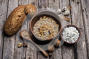 rustic breakfast on a wooden table, healthy food.