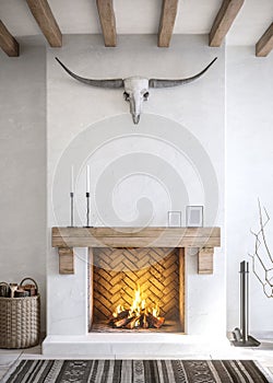 Rustic brick fireplace in light colors with decor and animal skull. 3D rendering.