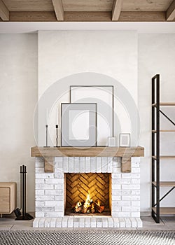 A rustic brick fireplace in light colors with decor and furniture. 3D rendering