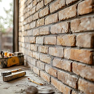 Rustic Brick Wall with Construction Tools in Natural Lighting