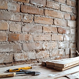 Rustic Brick Wall with Construction Tools on Wooden Workbench