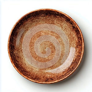 Rustic brown ceramic plate on a plain white surface view