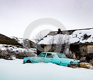 Rustic buildings and historic cars. Dorothy,Alberta,Canada