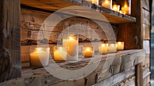 In a rustic cabin alcoves built into the wooden walls hold candles of various sizes creating a rustic and romantic photo