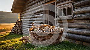 Autumn Harvest: A Basket of Mushrooms by a Rustic Log Cabin