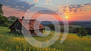 Rustic cabin bathed in the golden hues of a tranquil sunset amidst a blooming meadow