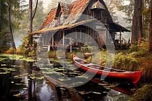 rustic cabin with a canoe propped against it