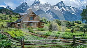 Rustic cabin with garden against majestic mountain backdrop
