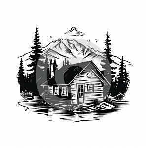 Rustic Cabin Illustration: Classic Tattoo Motif With Bold Black And White Art
