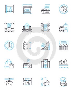 Rustic cabins linear icons set. Cozy, Natural, Serene, Secluded, Traditional, Woodsy, Rustic line vector and concept