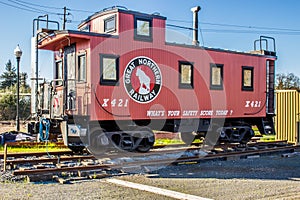 Rustic Caboose on display in Healdsburg Ca,