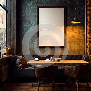 Rustic Cafe Interior Design Blank Frame Mockup in Dark Room