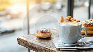 A warm coffee shop atmosphere with freshly brewed latte art and golden pastries on the table. Generattive AI Illustration. photo