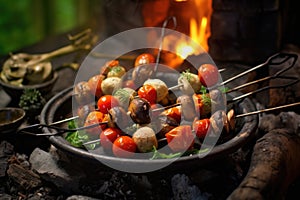 rustic campfire vegetable kabobs with mushrooms and cherry tomatoes