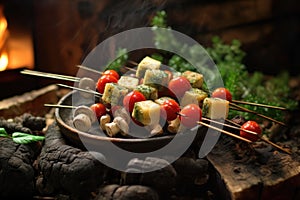 rustic campfire vegetable kabobs with mushrooms and cherry tomatoes