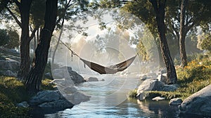 A rustic campsite by a river with a hammock tied between two trees