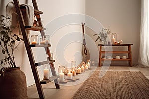 Rustic Candle Display on Wooden Ladder