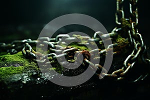 Rustic Captivity: Intricate Chains and Shackles in Dimly Lit Basement photo