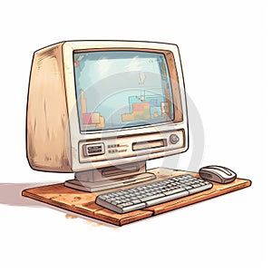 Rustic Cartoon Computer With Games Colored Illustrations Outrun Style photo