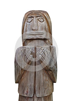 Rustic carved wooden man isolated.
