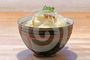 Rustic ceramic bowl with mashed potatoes, fried onion and fresh