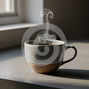 Steaming Coffee Mug in Morning Sunlight