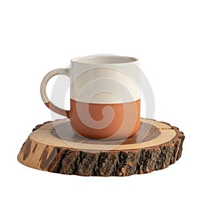 Rustic ceramic mug on natural wood slice isolated on white background