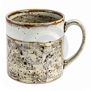 Rustic Ceramic Mug with Speckled Pattern and Beige Band on White Background