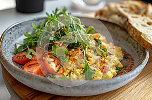 Scrambled eggs with salad