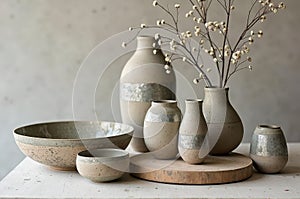 Rustic ceramic pottery collection with natural dried flowers on wooden surface