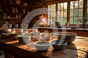 Rustic Ceramic Tableware in Cozy Farmhouse Kitchen