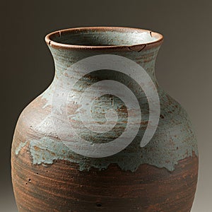 A rustic ceramic vase with a textured surface, featuring a combination of earthy