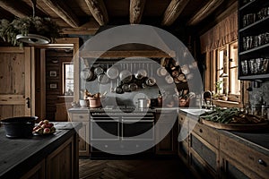 rustic chalet kitchen, with wooden cabinets and stone counters, featuring cast-iron pots and pans