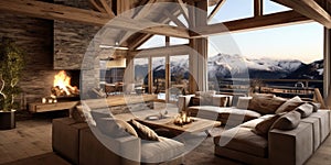 Rustic chalet in mountains. Interior design of modern living room with wooden columns and beams