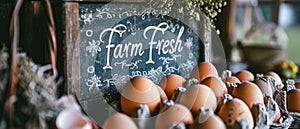 A Rustic Chalkboard Sign With The Words Farm Fresh Eggs Surrounded By A Basket Of Eggs In A Barn Set
