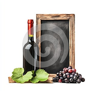 Rustic chalkboard wine menu with bottle and grapes on a white background