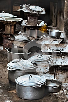Rustic charcoal stoves and cookware, pots and pans on the floor at the local market of Toliara, Madagascar