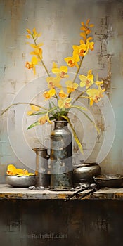 Rustic Charm: Antique Metal Vases With Vibrant Orchids