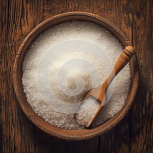 Rustic charm Coarse grained salt in a wooden bowl on oak