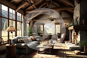 Rustic Charm: Cozy Living Room with Wood Beams and Stone Fireplace