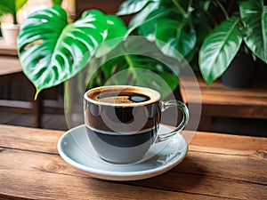 Rustic Charm: A Cup of Coffee Perched on a Wooden Table.